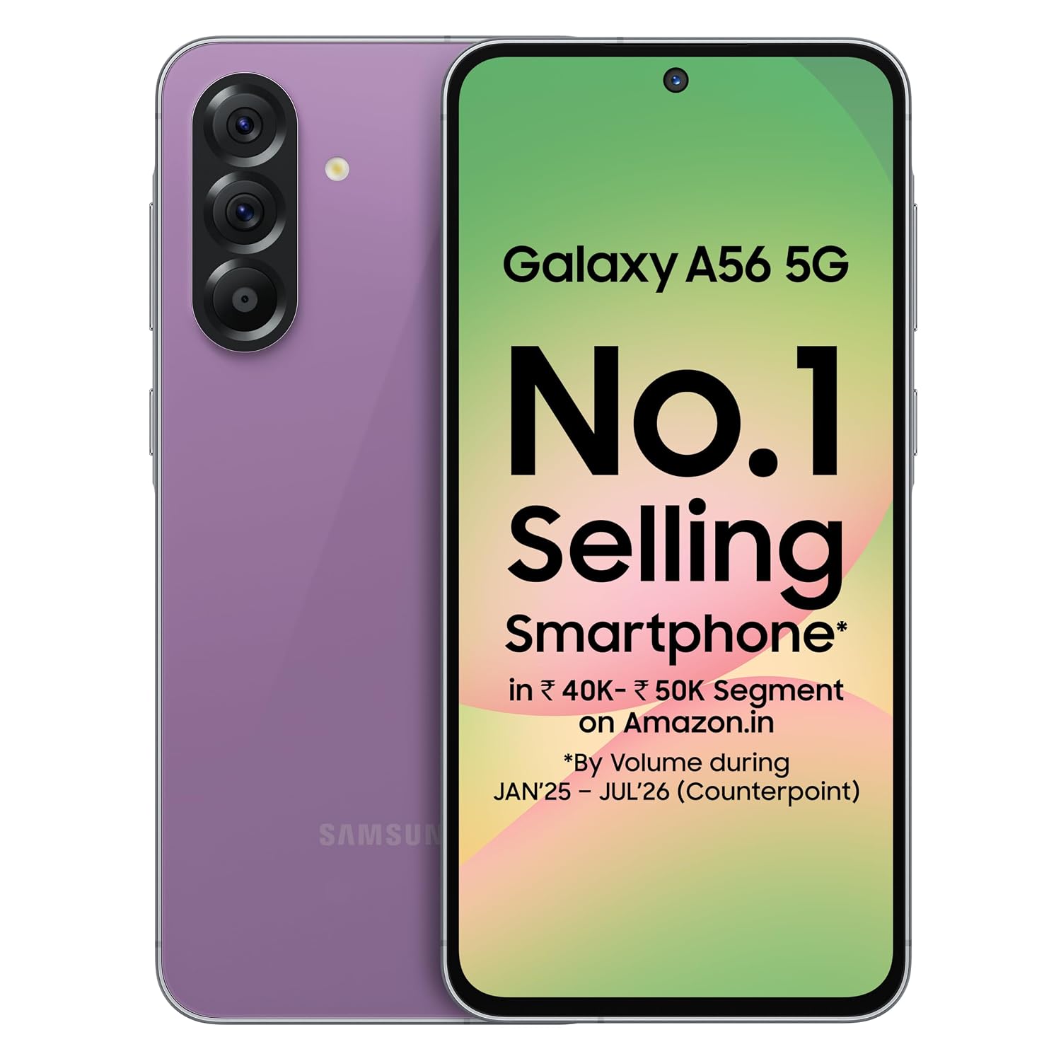 Samsung Galaxy A56 5G Mobile (Awesome Violet Glow, 8GB, 256GB) | Segment Most Complete Triple Camera | 50MP | AI Editing | 4nm Processor | sAMOLED | 5000mAh | Gorilla Glass Victus+| Knox Security