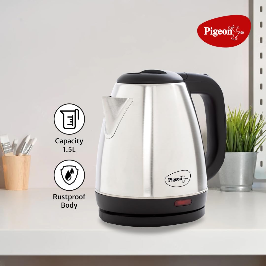 Pigeon 1.5 litre Hot Kettle and Stainless Steel Water Bottle Combo used for boiling Water, Making Tea and Coffee, Instant Noodles, Soup with Auto Shut- off Feature, 1300 W
