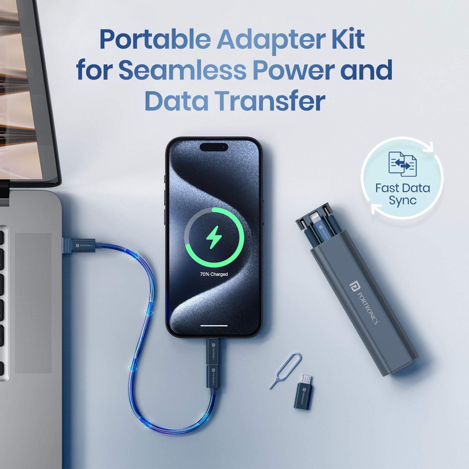 Portronics Snapcase 3 60W Multifunctional Fast Charging Data Cable Kit, Conversion Set USB A & Type C to Male Micro/Type C/Lightning, Data Transfer, Sim Storage, Sim Eject Pin, Pocket Size(Blue) - Image 6