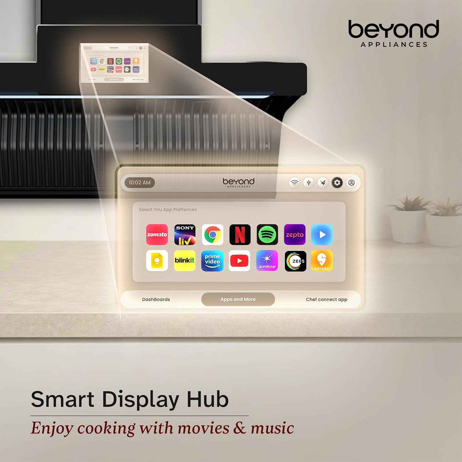 Beyond Appliances Orion 90cm Auto Clean Kitchen Chimney | 1600 CMH Suction | Filterless | Smart Touchscreen Display & Speaker | Baffle Plates | Touch Control | Black Finish. - Image 3