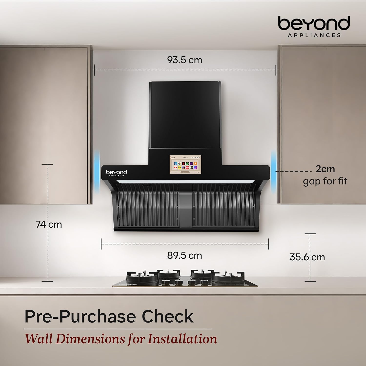 Beyond Appliances Orion 90cm Auto Clean Kitchen Chimney | 1600 CMH Suction | Filterless | Smart Touchscreen Display & Speaker | Baffle Plates | Touch Control | Black Finish. - Image 5