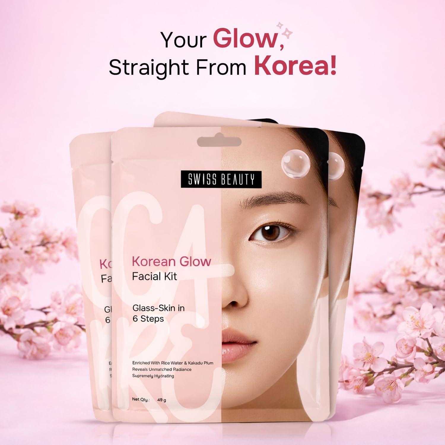 Swiss Beauty Care Korean Glow Facial Kit | 6-Steps For Glass-Skin | Adds Instant Radiance | Fades Dark Spots | Clarifies & Nourishes | With Kakadu Plum & Rice | 49g - Image 3