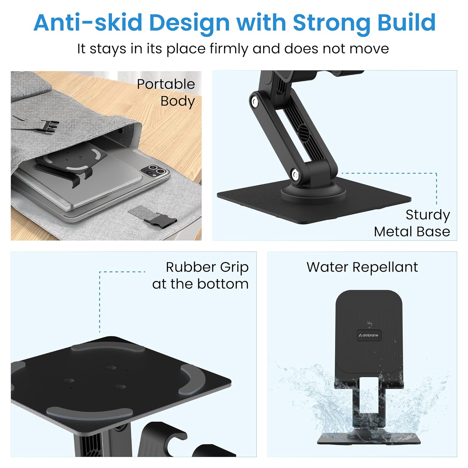 Ambrane 360° Rotation, Foldable Design Mobile Stand with Stable Metalic Round Base, Multiple Height & Angle adjustments Compatible with Smartphones, Tablets, Kindles & iPad (Twistand 360, Black) - Image 3