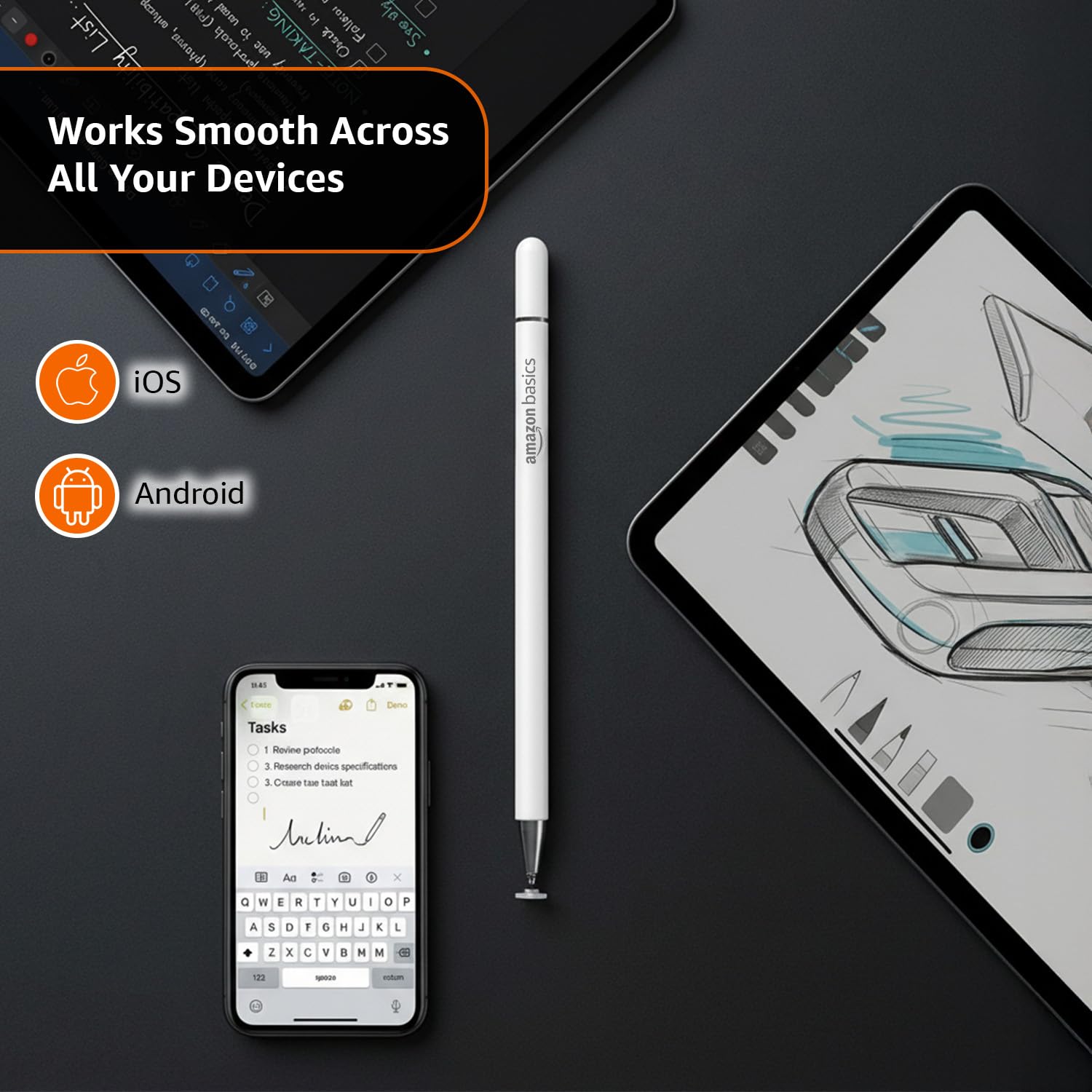 Amazon Basics Capacitive Stylus Pen for Android & iOS All Touchscreen Devices | Fine Point Disc Tip|Lightweight Metal Body with Magnetic Cover - White - Image 5