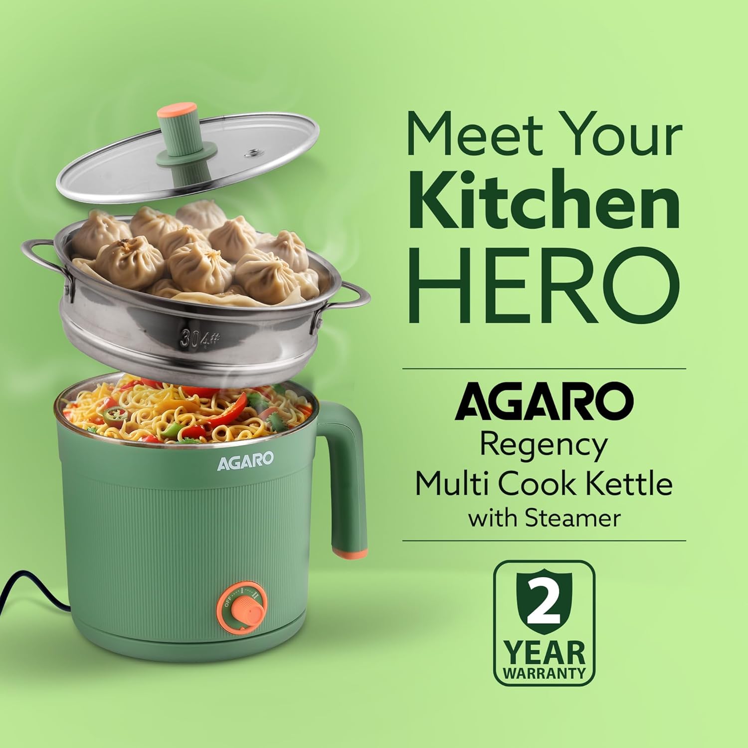 AGARO Regency Multipurpose Kettle With Steamer, 1.2L Inner Pot, Double Layered Body, Variable Temperature Settings, Wide Mouth, Boiling, Steaming, Tea, Coffee, Egg, Vegetable Boiling, 600W, Sea Green - Image 3