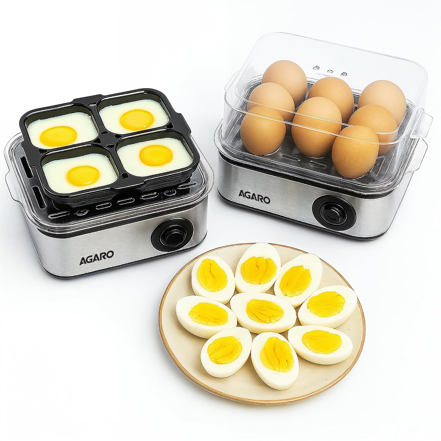 AGARO Grand Egg Boiler And Poacher, 2-in1 Boils 8 Eggs, Poach 4 Eggs, Steamed Vegetables, 3 Boiling Types, Stainless Steel Body, Transparent Lid, 500W, Silver - Image 2