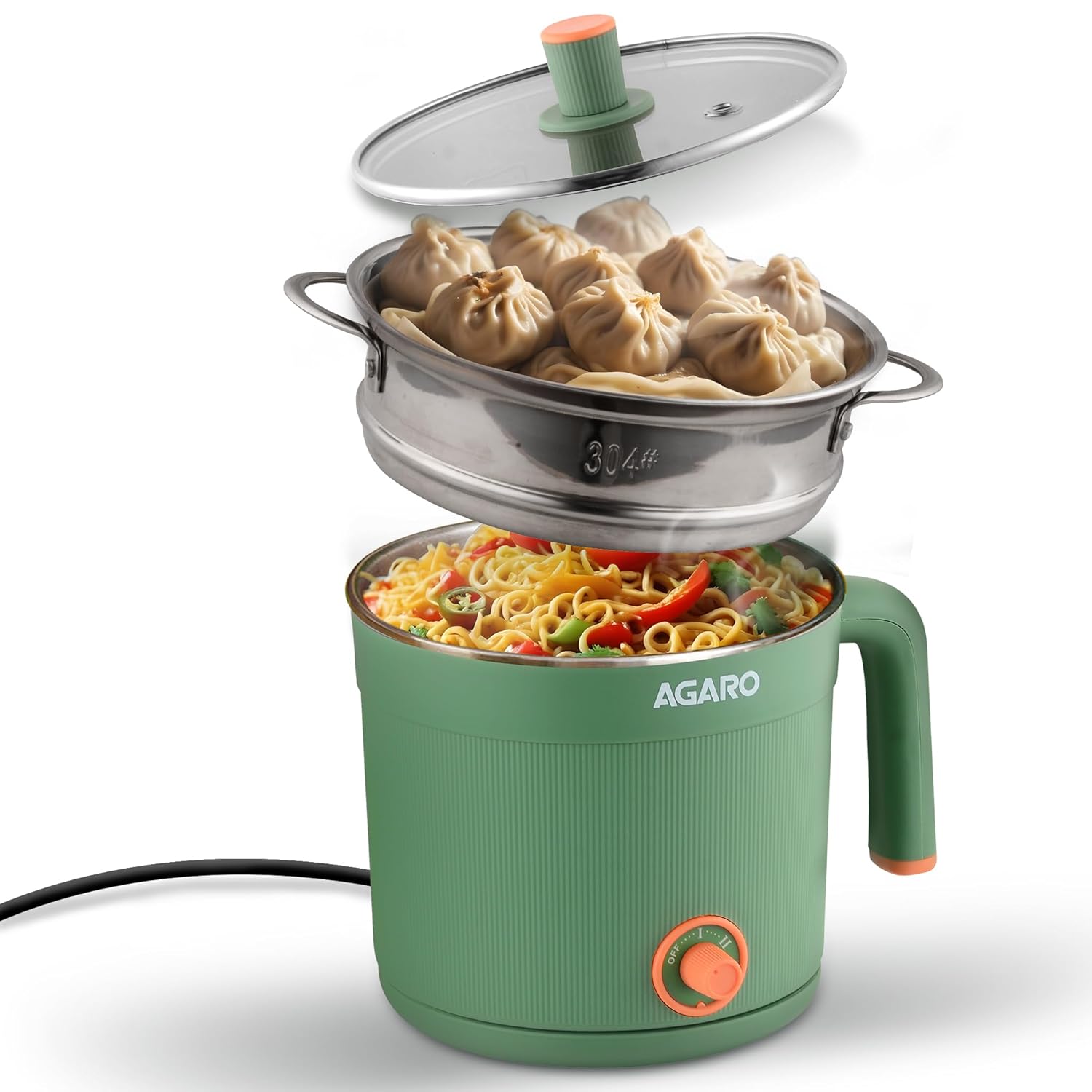 AGARO Regency Multipurpose Kettle With Steamer, 1.2L Inner Pot, Double Layered Body, Variable Temperature Settings, Wide Mouth, Boiling, Steaming, Tea, Coffee, Egg, Vegetable Boiling, 600W, Sea Green - Image 2