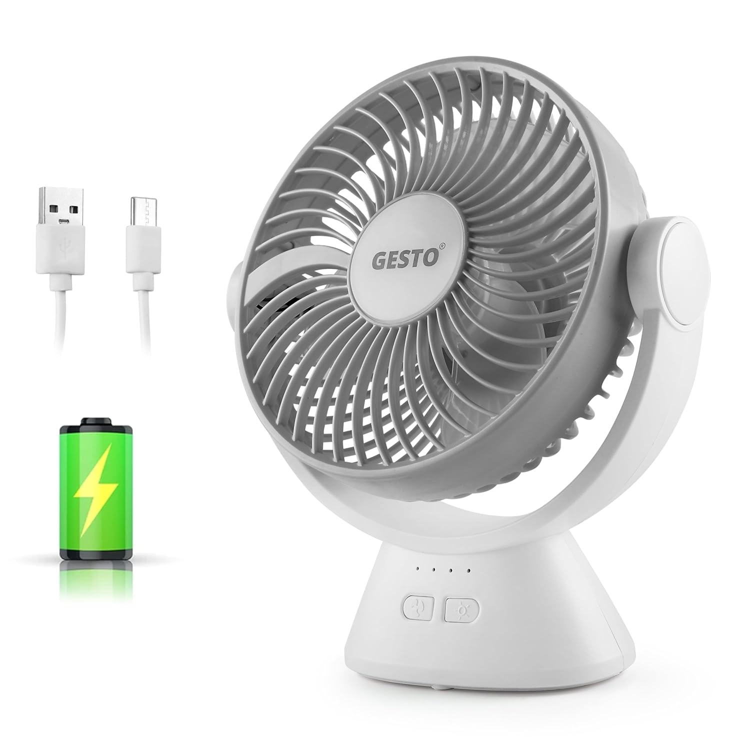 Gesto 7.8 Inch High Speed Rechargeable Table Fan for Home – USB Charging Battery Fan With Led Light | 2400mAh Battery for Upto 8 Hours Runtime | 3 Speed Modes Portable fan for Home,Office -Grey/Green - Image 2