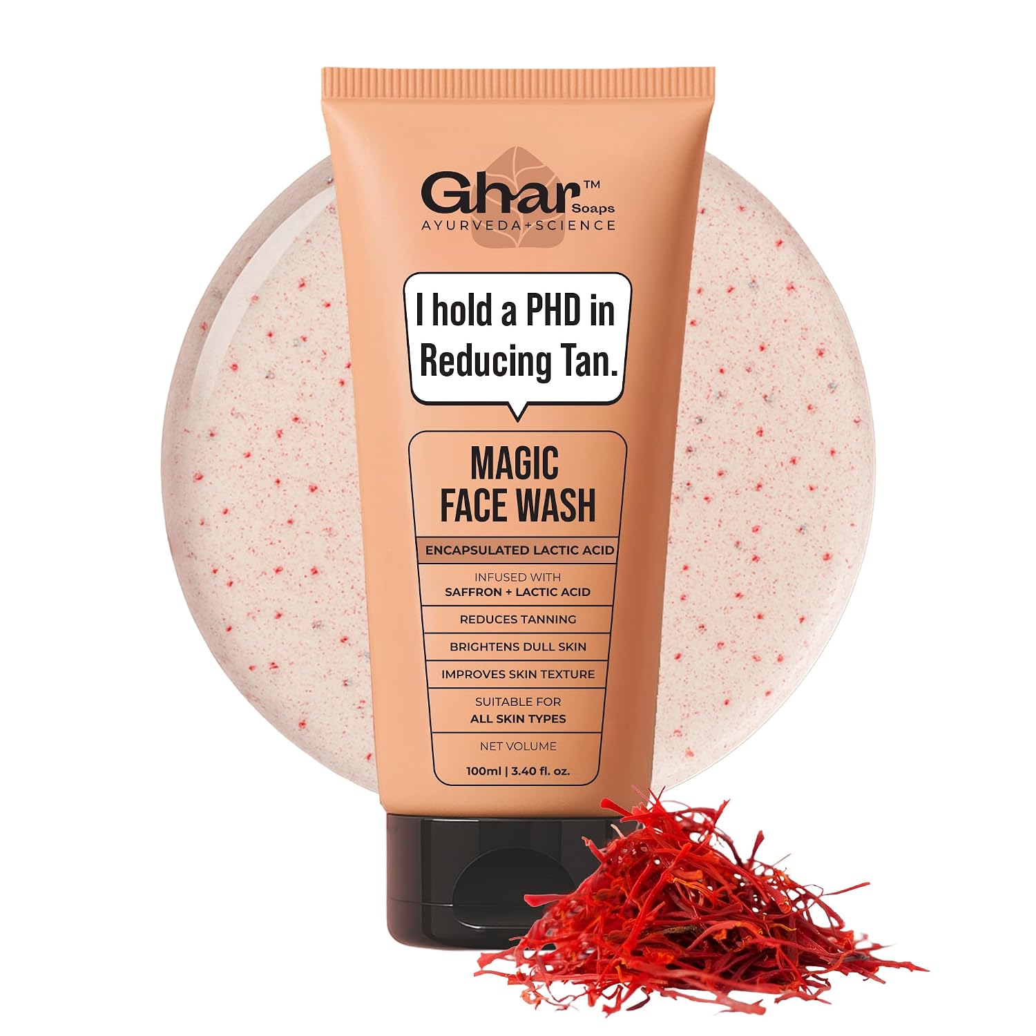 Ghar Soaps De-Tan Face Wash | For Tan Reducing, Brightening & Glowing Skin | With Sandalwood, Saffron, Coconut Oil & Goat milk | For All Skin Types | 100ml (Pack of 1) - Image 2