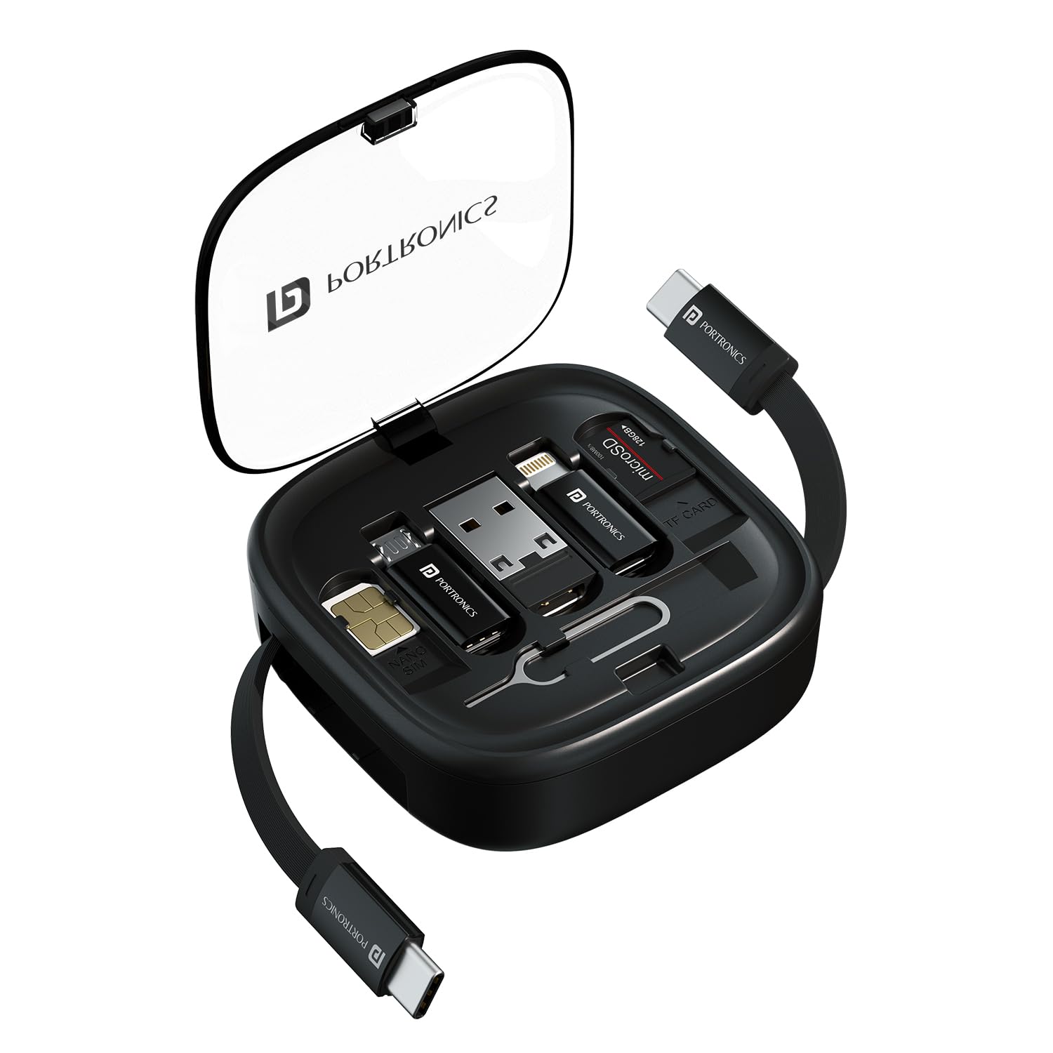Portronics Snapcase 2 60W Multifunctional Fast Charging Data Cable Kit With Retractable Cable, Conversion Set USB A & Type C to Male Micro/Lightning,Sim Storage,Sim Eject Pin - Image 2